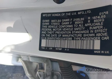 2018 Honda Civic Ex z USA, uszkodzony, nr VIN SHHFK7H5XJU410366